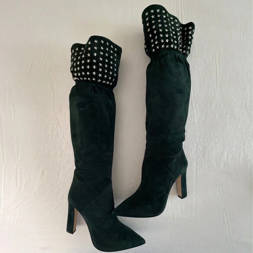 Paris Texas Green Suede Star Studded Slouchy Over The Knee Boots IT Women Sz 41